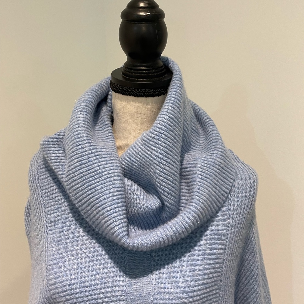 100% Cashmere Cowl Neck Ribbed Knit Poncho Sweater - Light Blue - Picture 2 of 6